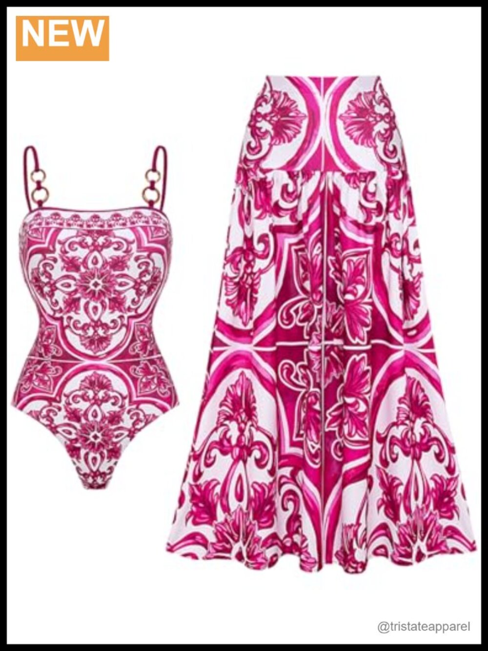 FLAXMAKER One Piece Sling Classic Majolica Adjustable Bathing Suit with Skirt